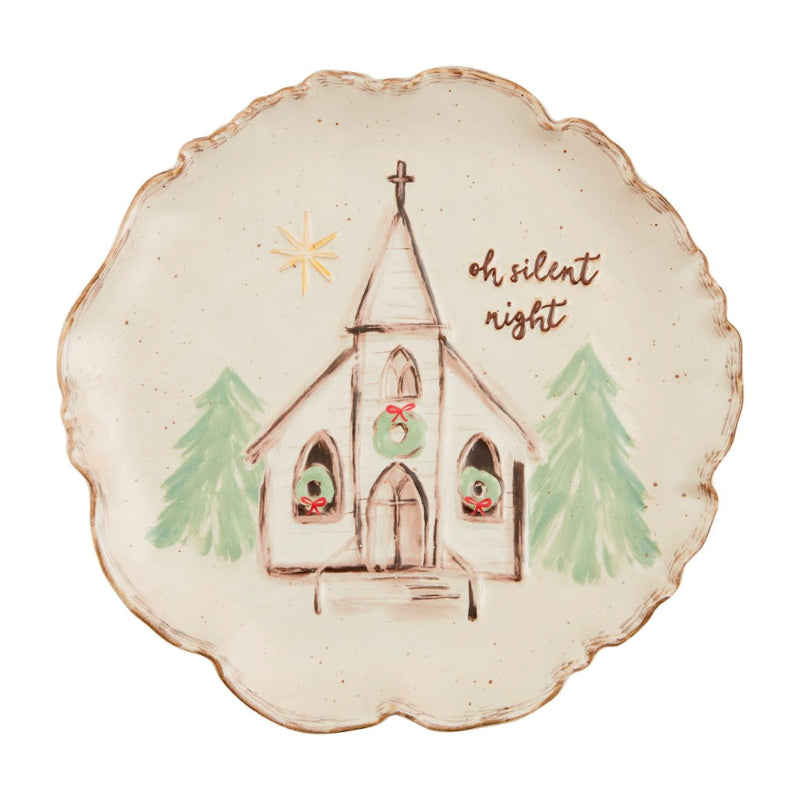 Decorative plate with a church illustration and 'oh silent night' text on a white background