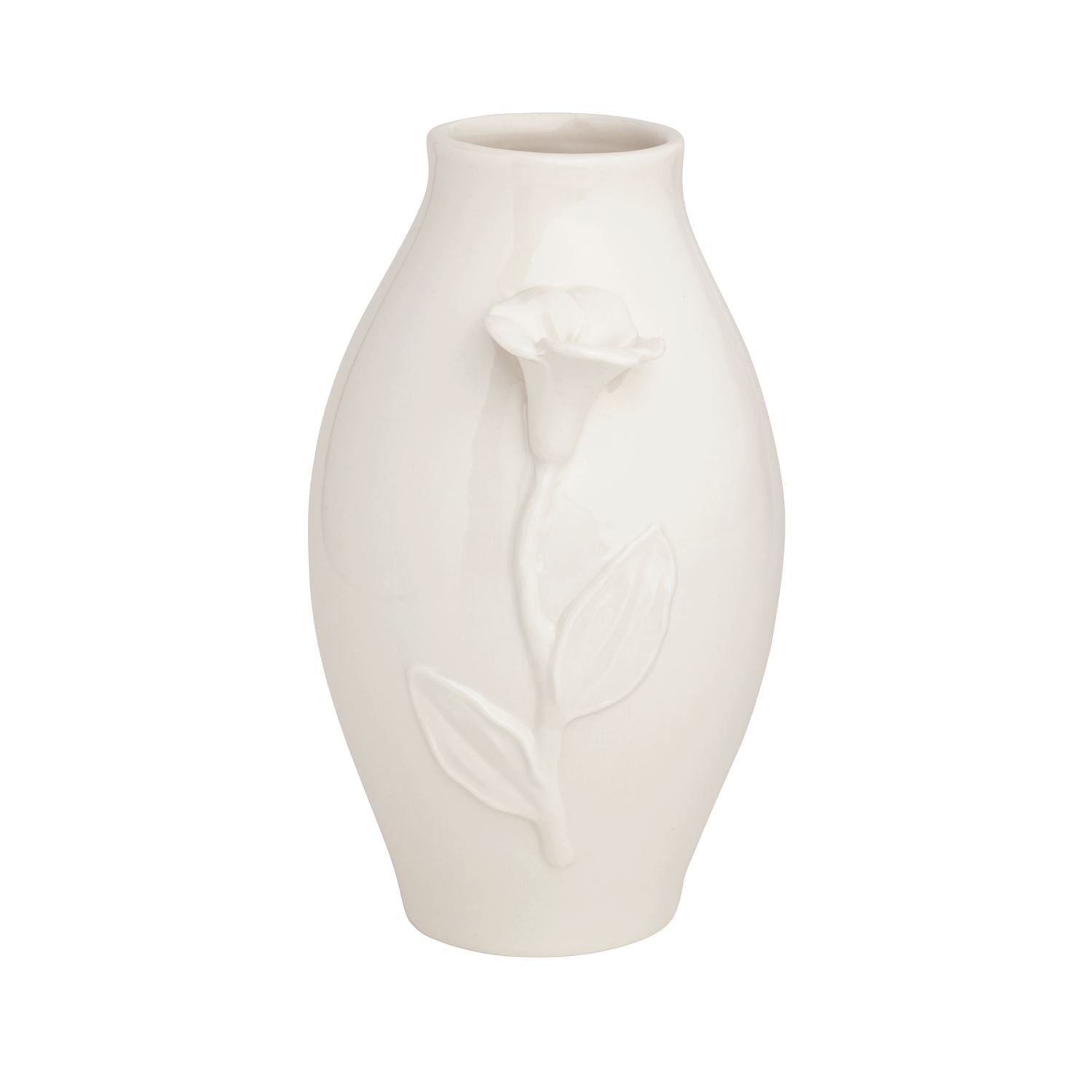 White ceramic vase with leaf design on a white background