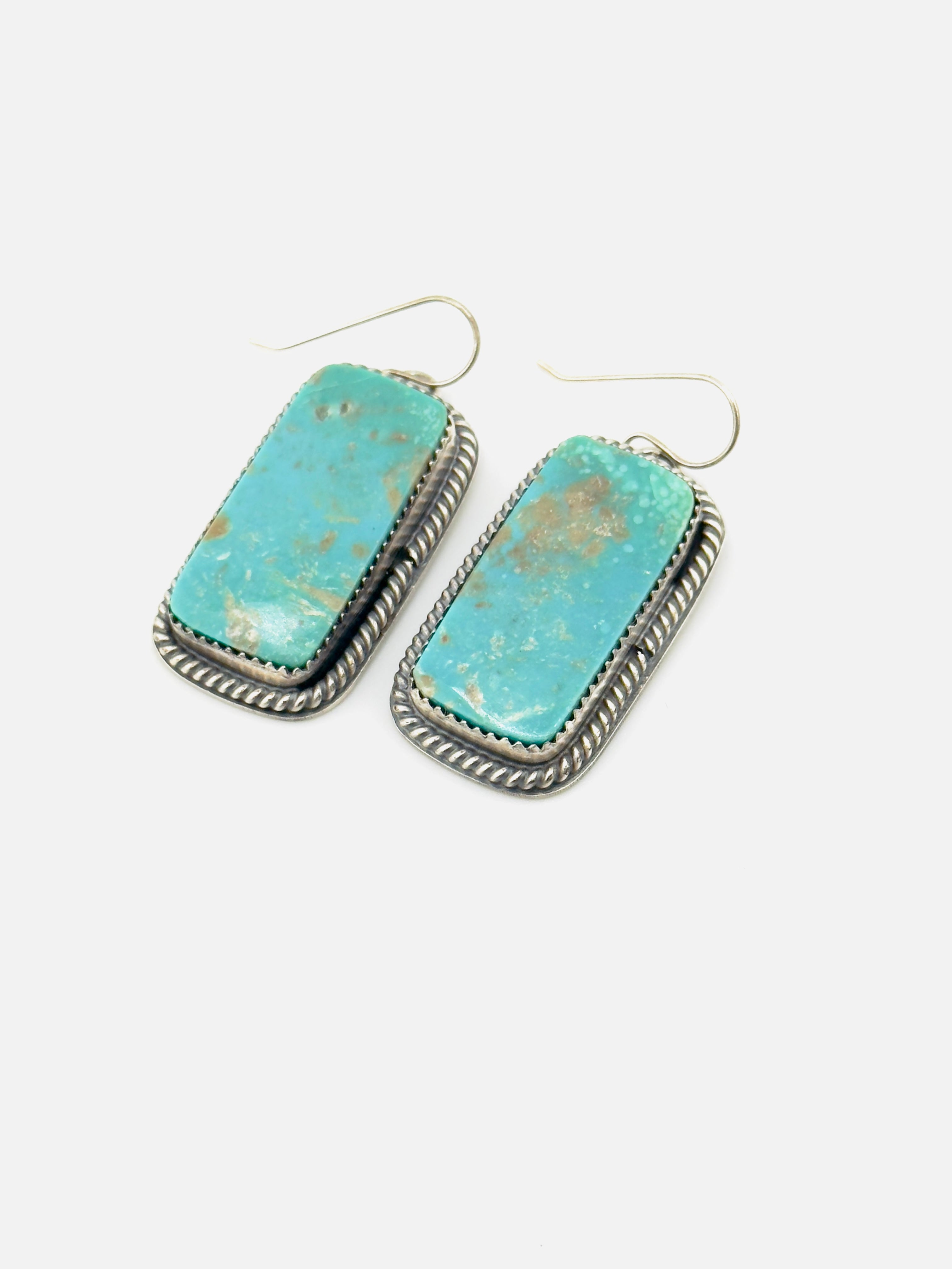 Turquoise earrings with silver accents on a white background