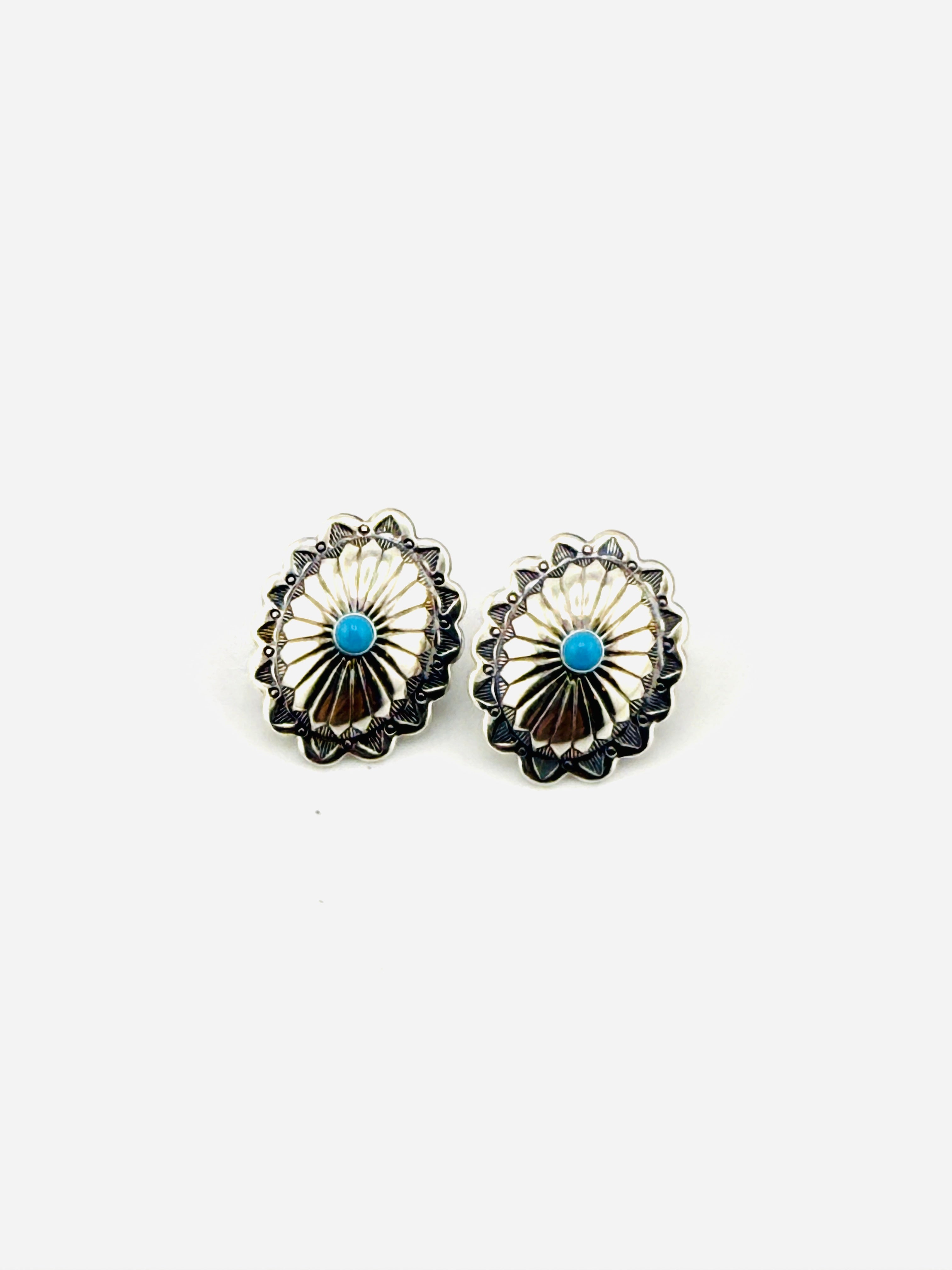 Pair of silver earrings with turquoise stones on a white background