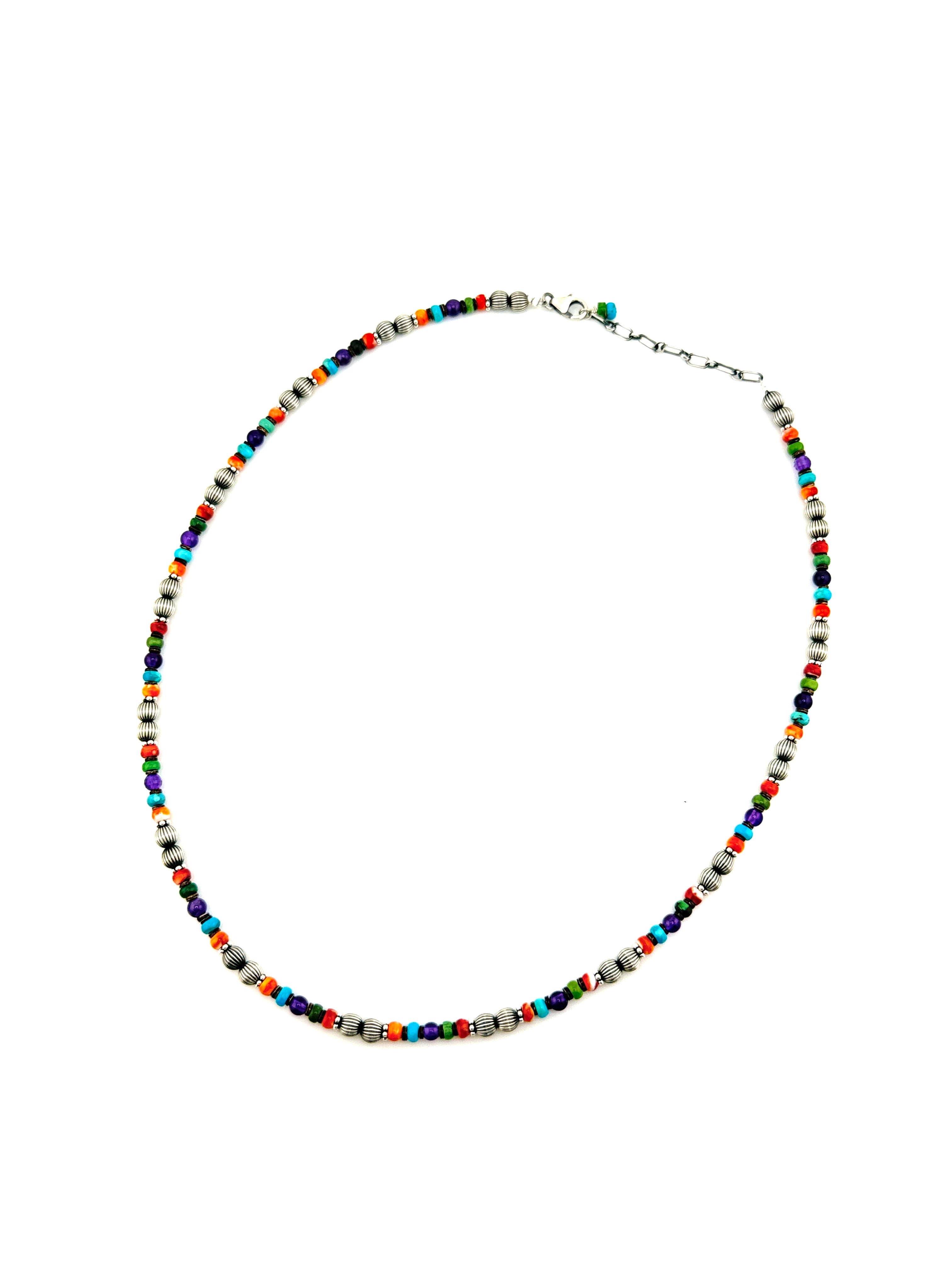 Multicolored beaded necklace on a white background