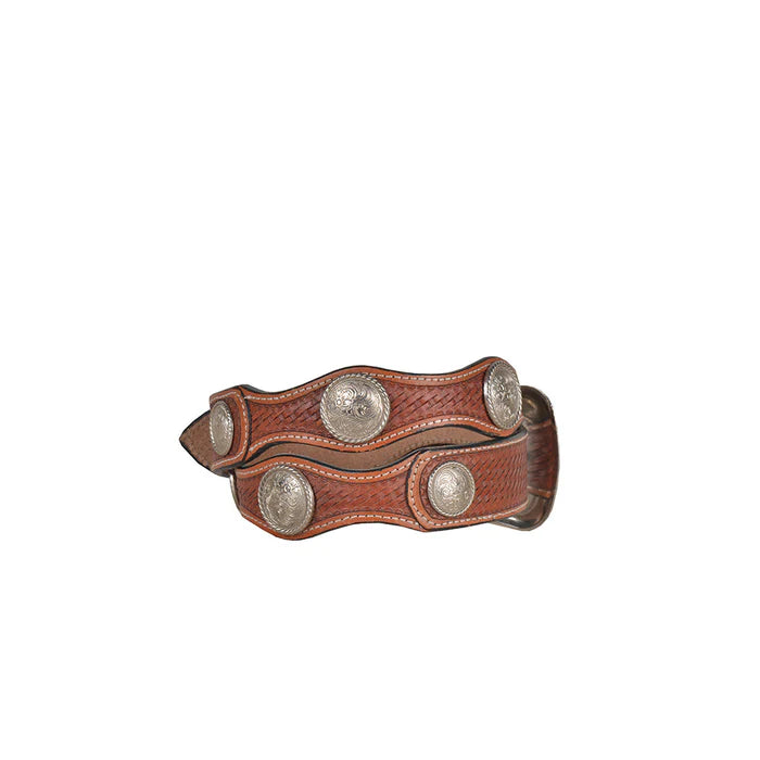 A brown, hand-tooled leather belt with a silver-colored classic buckle and concho details.