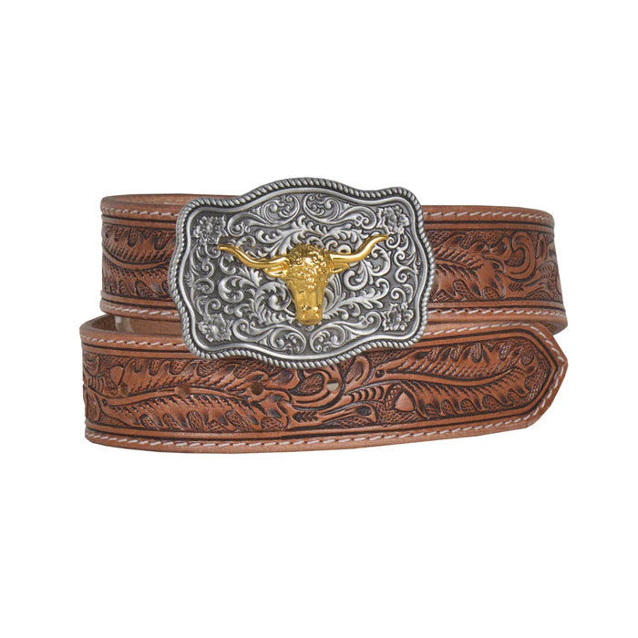 A chocolate brown hand-tooled leather belt with a decorative silver buckle featuring a longhorn design.