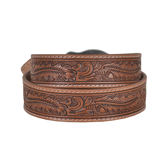 Back view of a chocolate brown hand-tooled leather belt with a decorative silver buckle featuring a longhorn design.