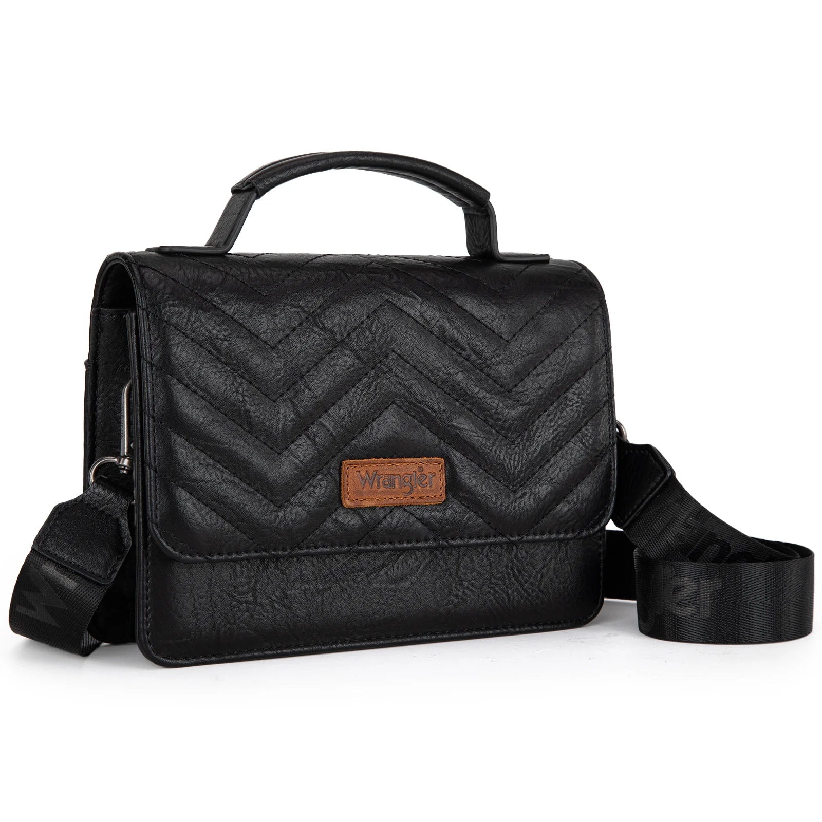 A black 3-piece crossbody bag set by Wrangler, including a mini top handle bag, a wallet, and a card case, each detailed with the iconic Wrangler logo.
