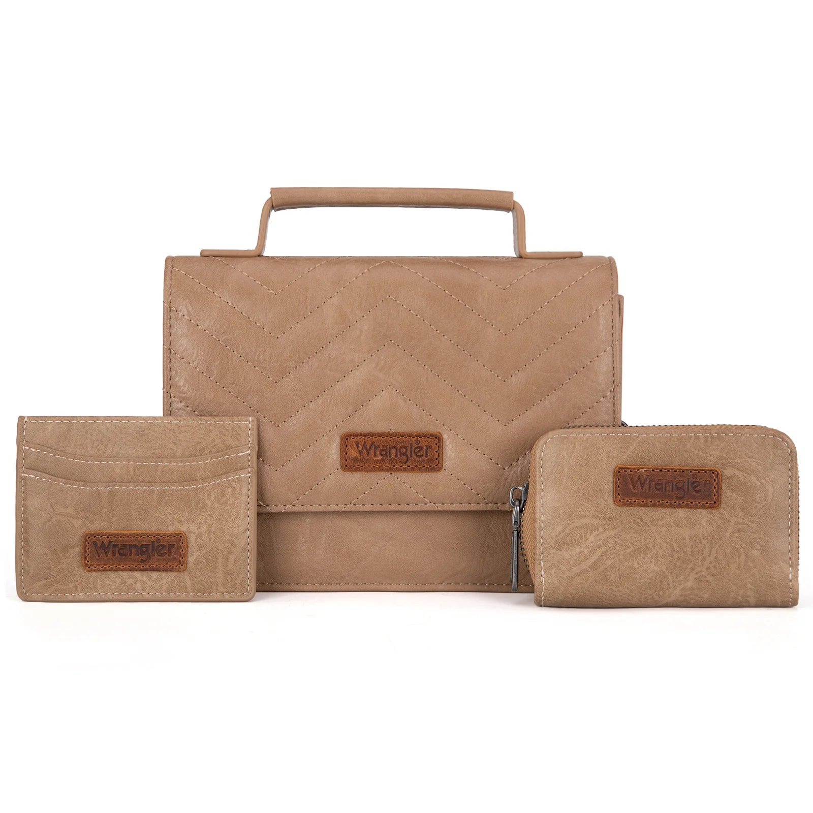 A set of three brown Wrangler branded leather goods, including a crossbody bag, a coin wallet, and a card case.