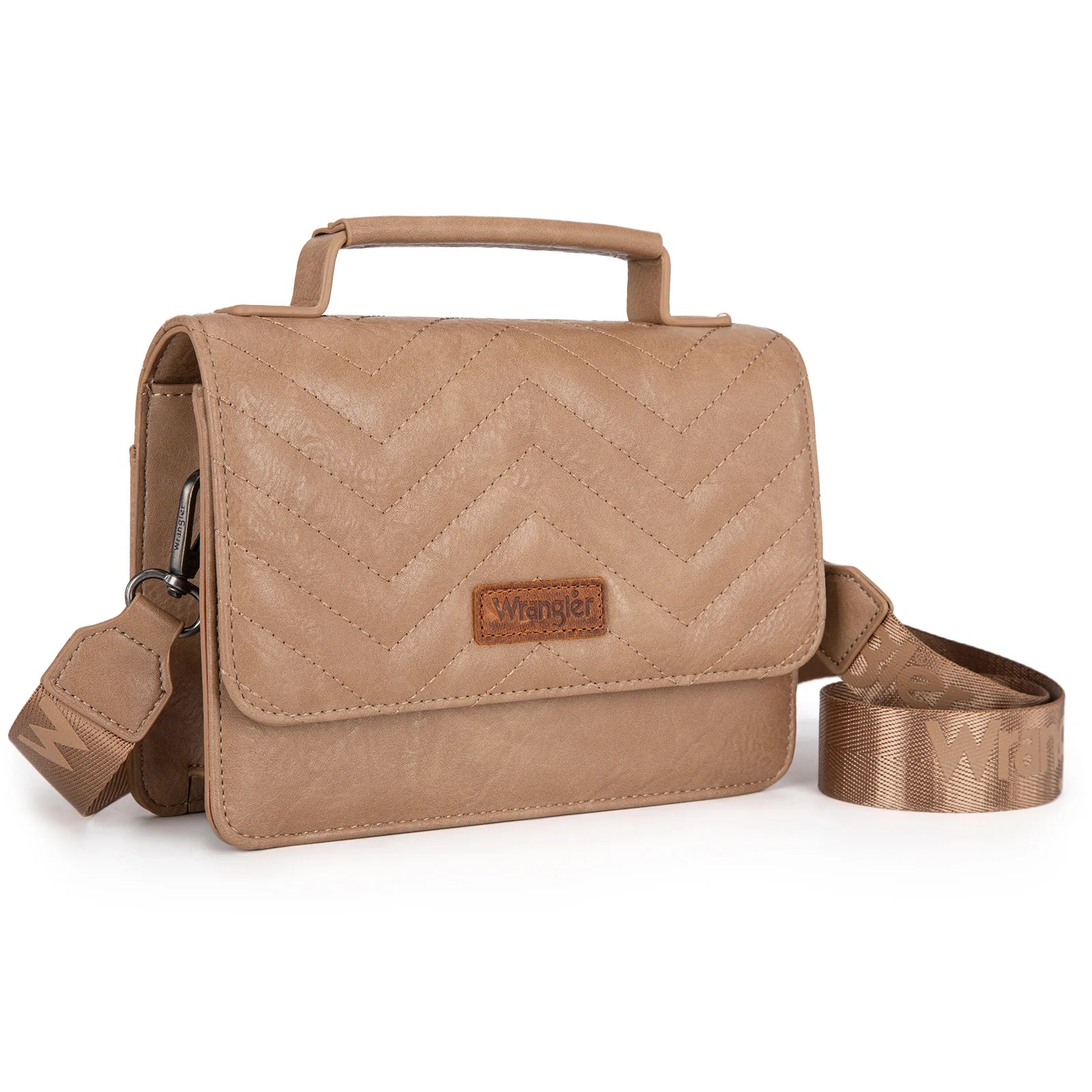 A set of three brown Wrangler branded leather goods, including a crossbody bag, a coin wallet, and a card case.