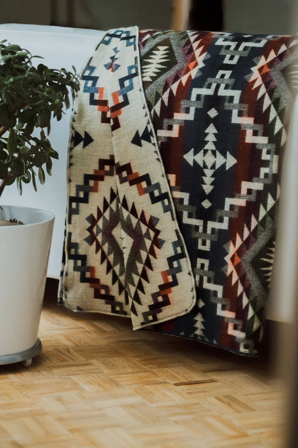 Two patterned blankets draped over a surface with a plant in the foreground.