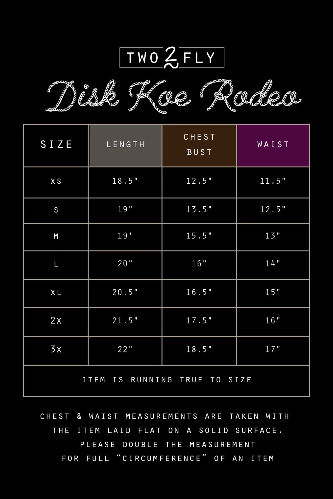 Size chart for clothing with measurements in inches and fractions.