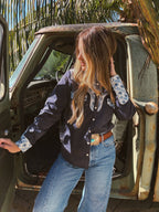 Denim Blue John Wayne Western Pearl Snap Button Up Top In
