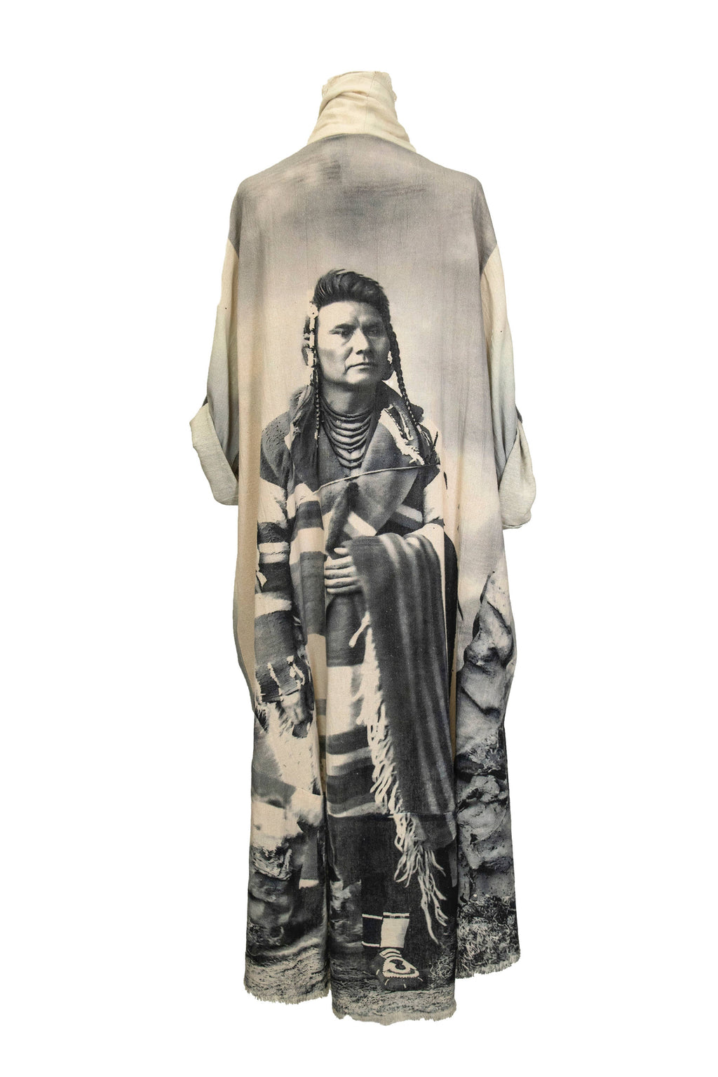 Long scarf with a Native American design on a white background