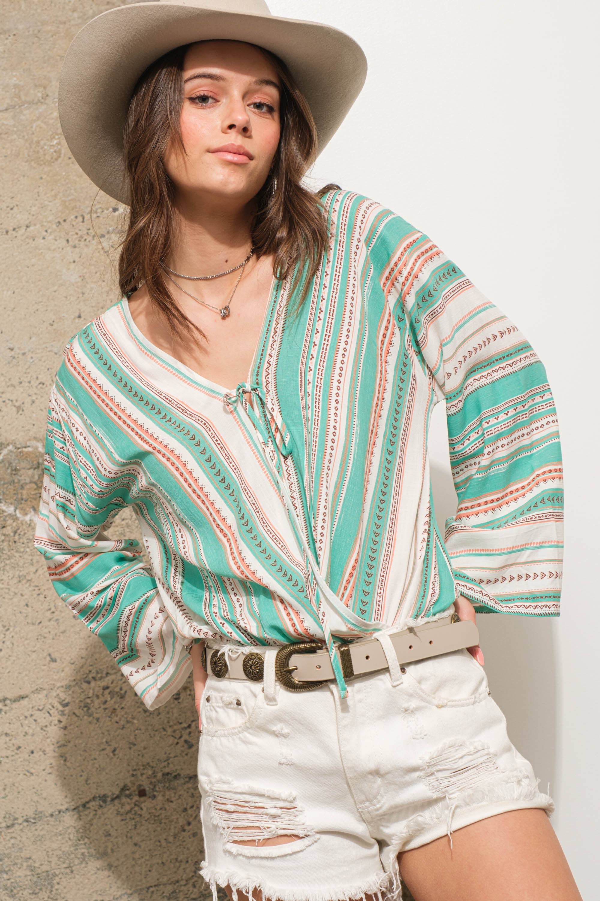 Stripe Wrap Tie Lace Bodysuit