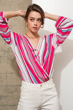 Stripe Wrap Tie Lace Bodysuit