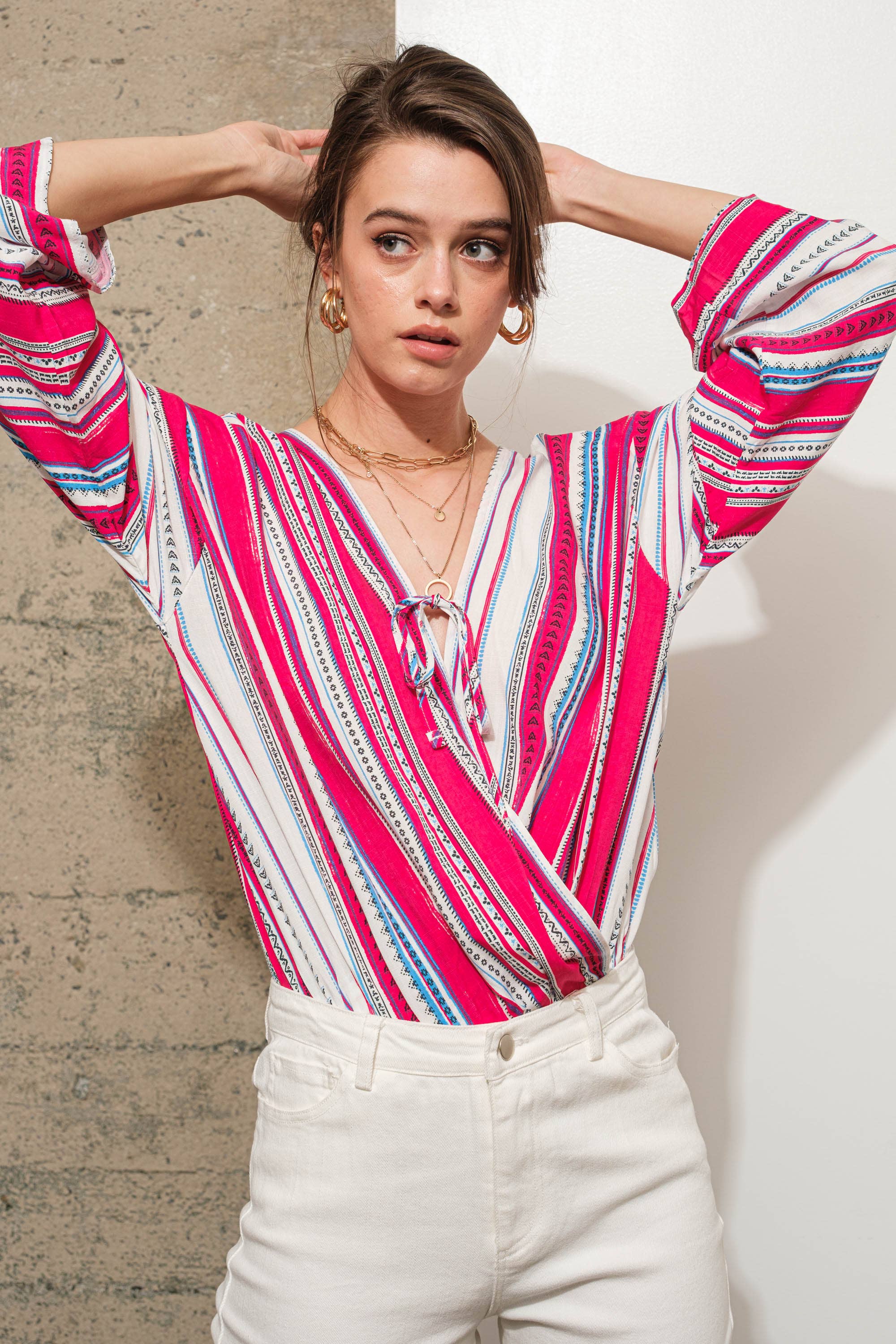 Stripe Wrap Tie Lace Bodysuit