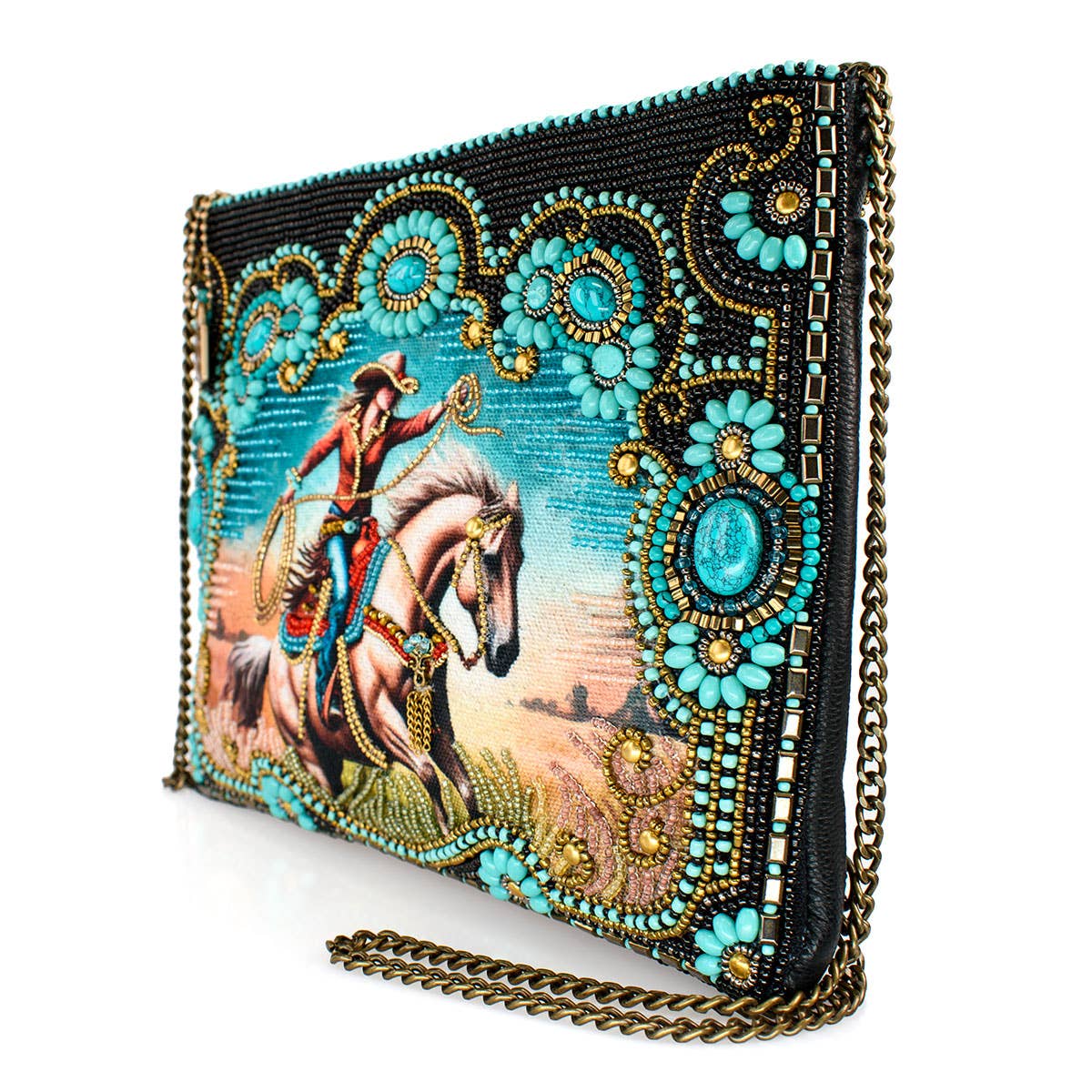 Decorative clutch with a horse and rider design on a white background