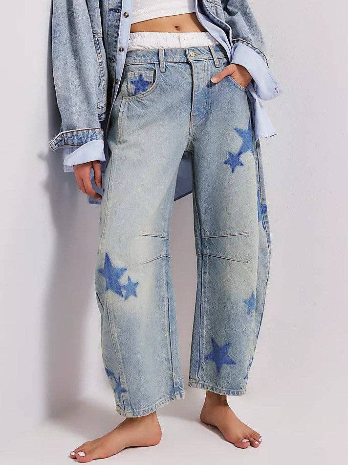 Love Heart Print Loose Midi Waist Jeans