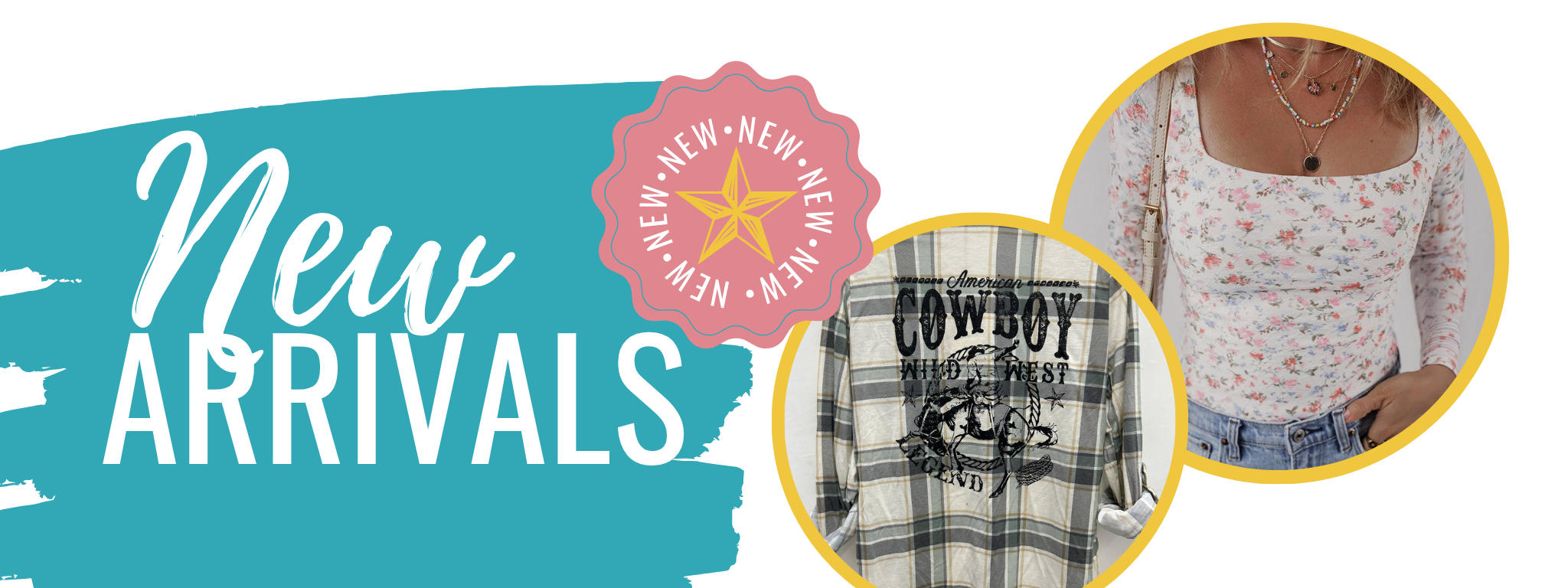 Promotional banner for 'New Arrivals' with clothing items and a person wearing a floral top.