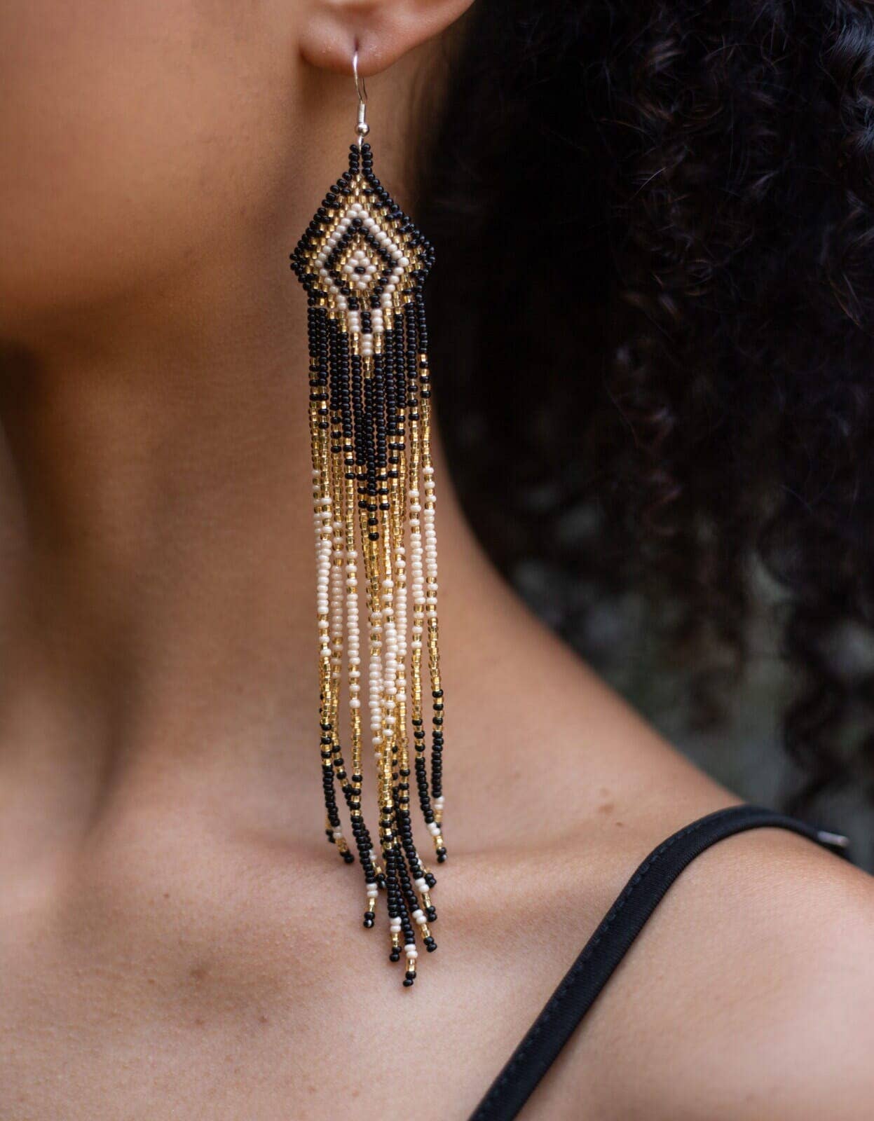 Midnight Oil - Elegant Beaded Earrings in Black and Gold