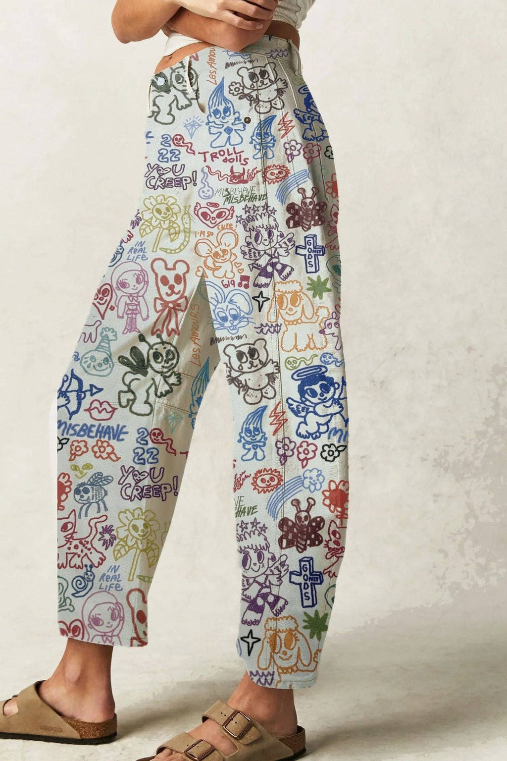 Love Heart Print Loose Midi Waist Jeans