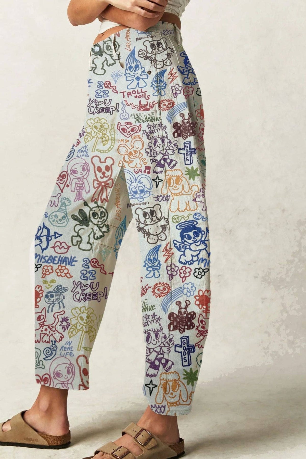 Love Heart Print Loose Midi Waist Jeans