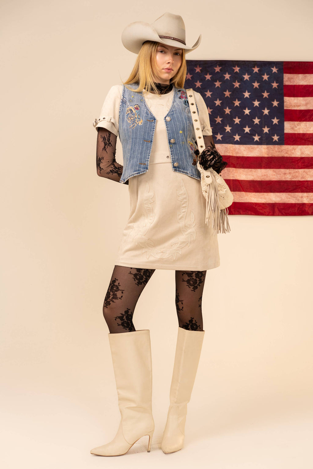Pinstripe Embroidered Denim Crop Vest