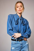 Tie Neck Hidden Button Chambray Blouse