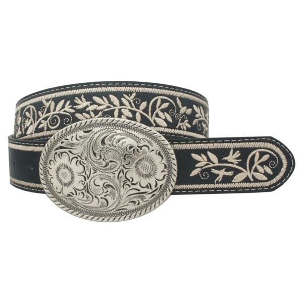 Embroidered Strap Oval Buckle Belt