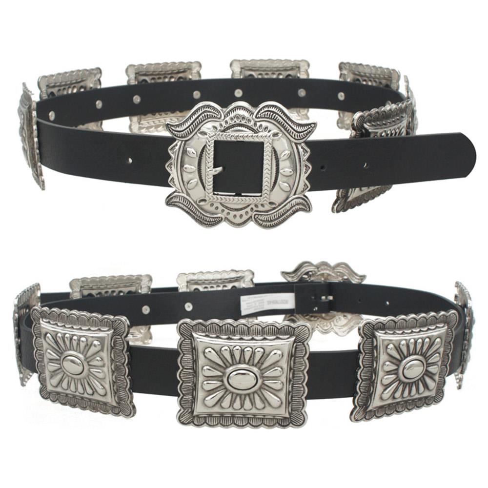 Black belt with silver concho-style buckles on a white background