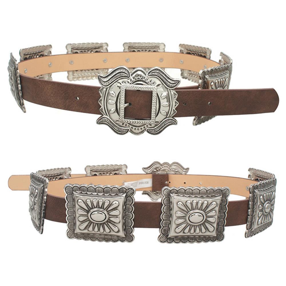 Brown belt with silver concho-style buckles on a white background