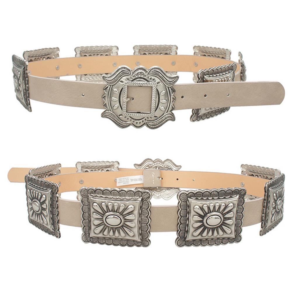 Beige belt with silver concho-style buckle on a white background