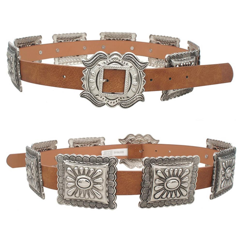 Brown belt with silver concho-style buckles on a white background