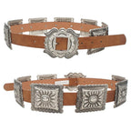 Brown belt with silver concho-style buckles on a white background