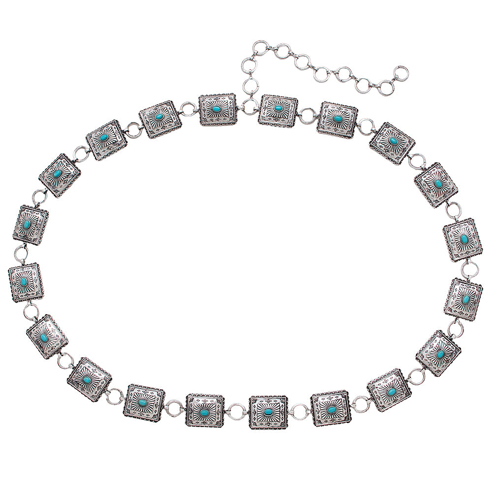 Silver necklace with square links and turquoise stones on a white background