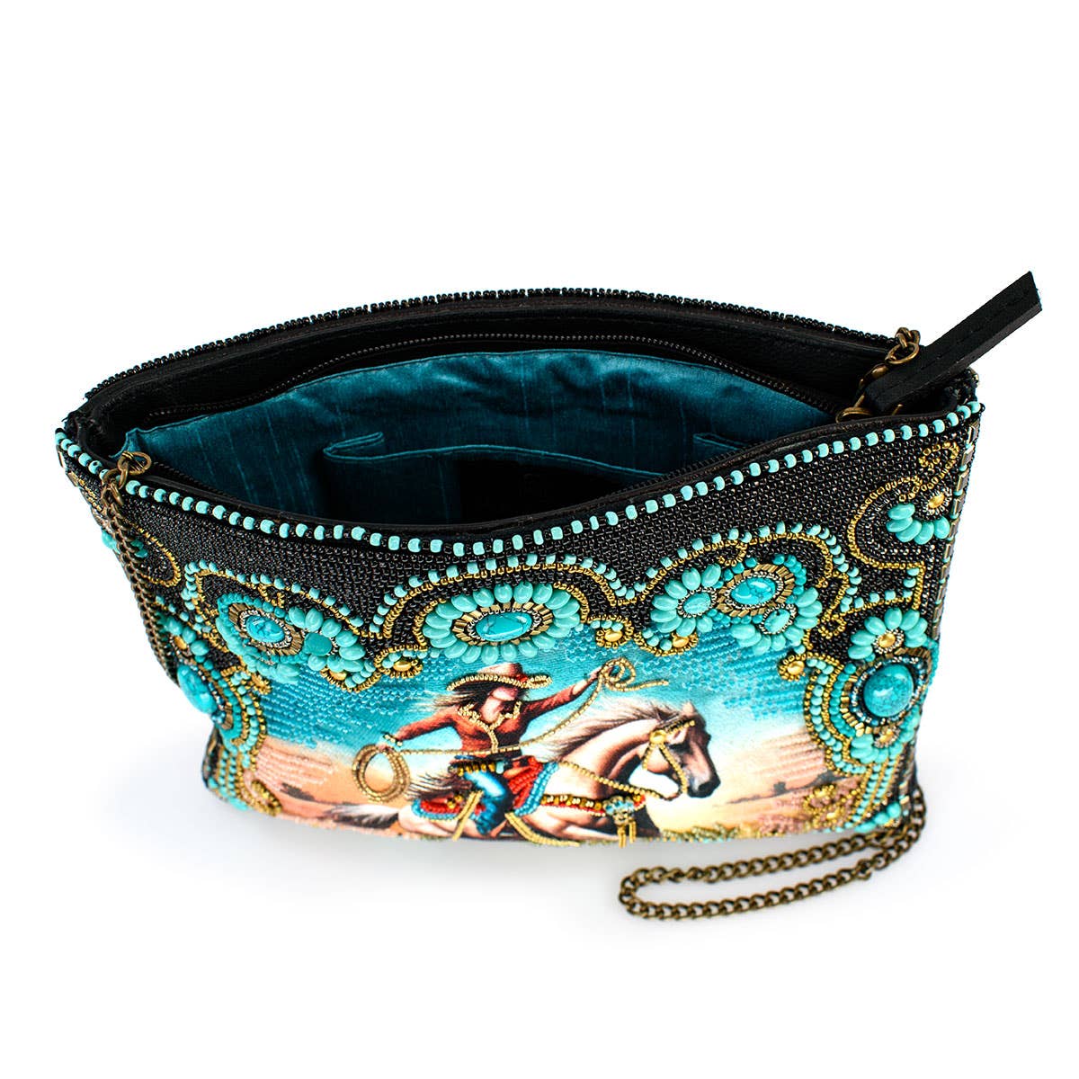 Decorative pouch with a design of a person on horseback, turquoise and gold accents, on a white background.