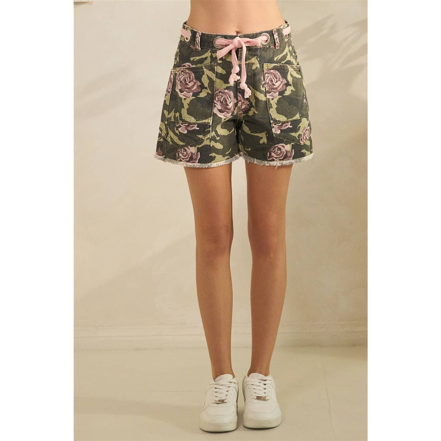 Printed Denim Shorts with Drawcord Waist Detail