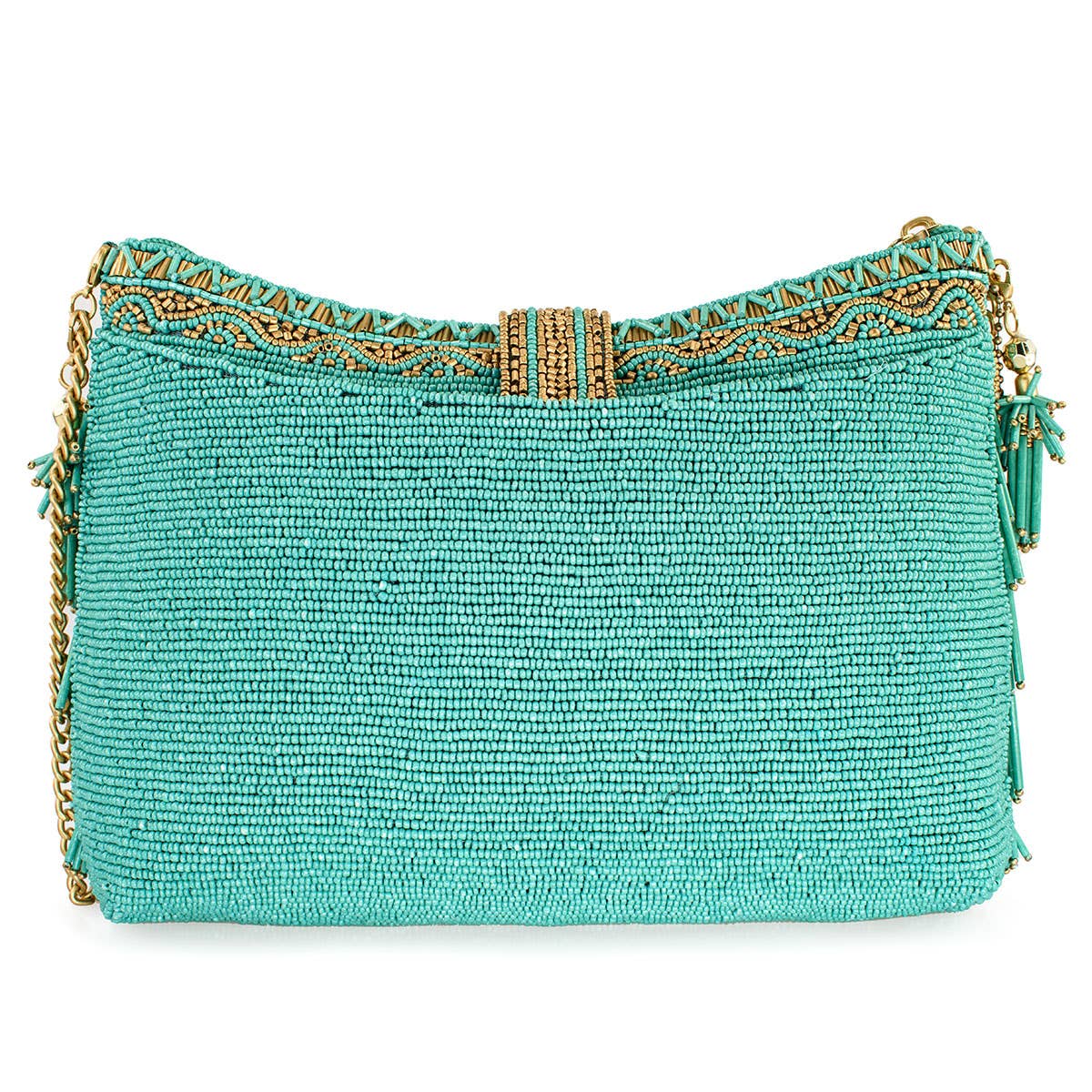 Turquoise beaded handbag with gold accents on a white background