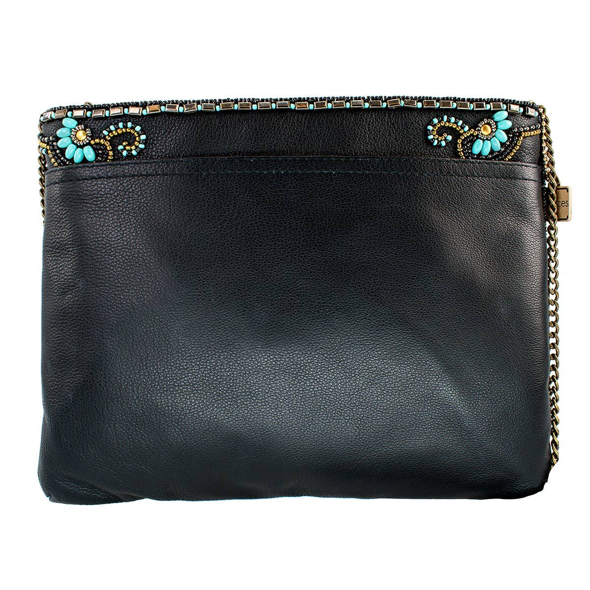 Black leather clutch with decorative embellishments on a white background