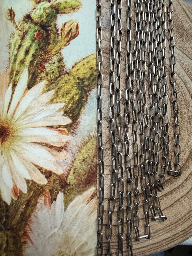Metallic chainmail against a floral and cactus background