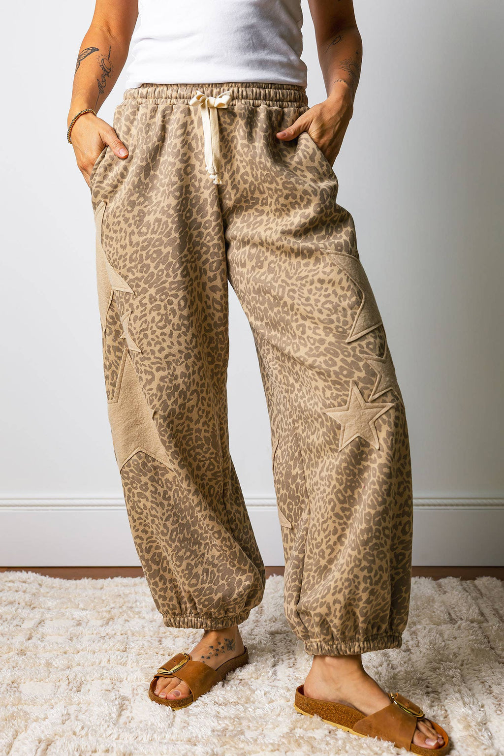 Leopard Print Star Patched Jogger Pants