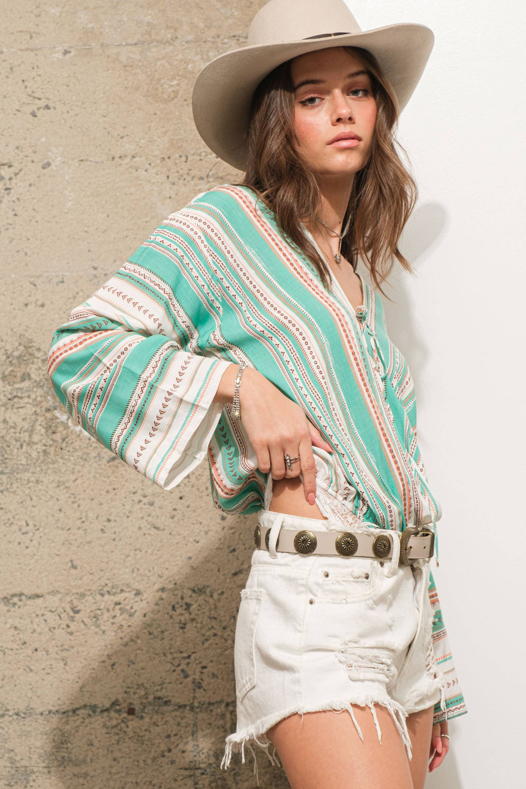 Stripe Wrap Tie Lace Bodysuit