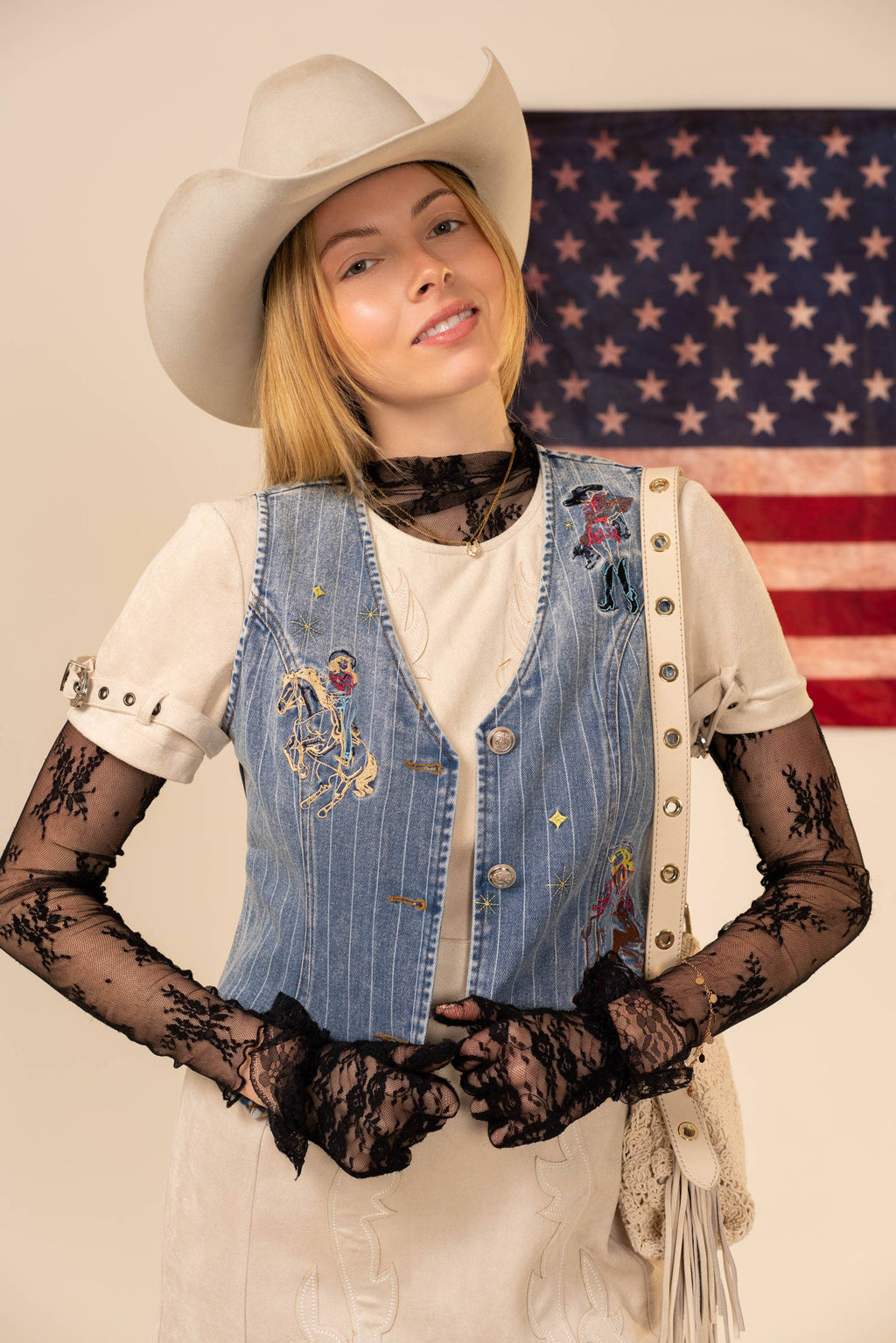 Pinstripe Embroidered Denim Crop Vest