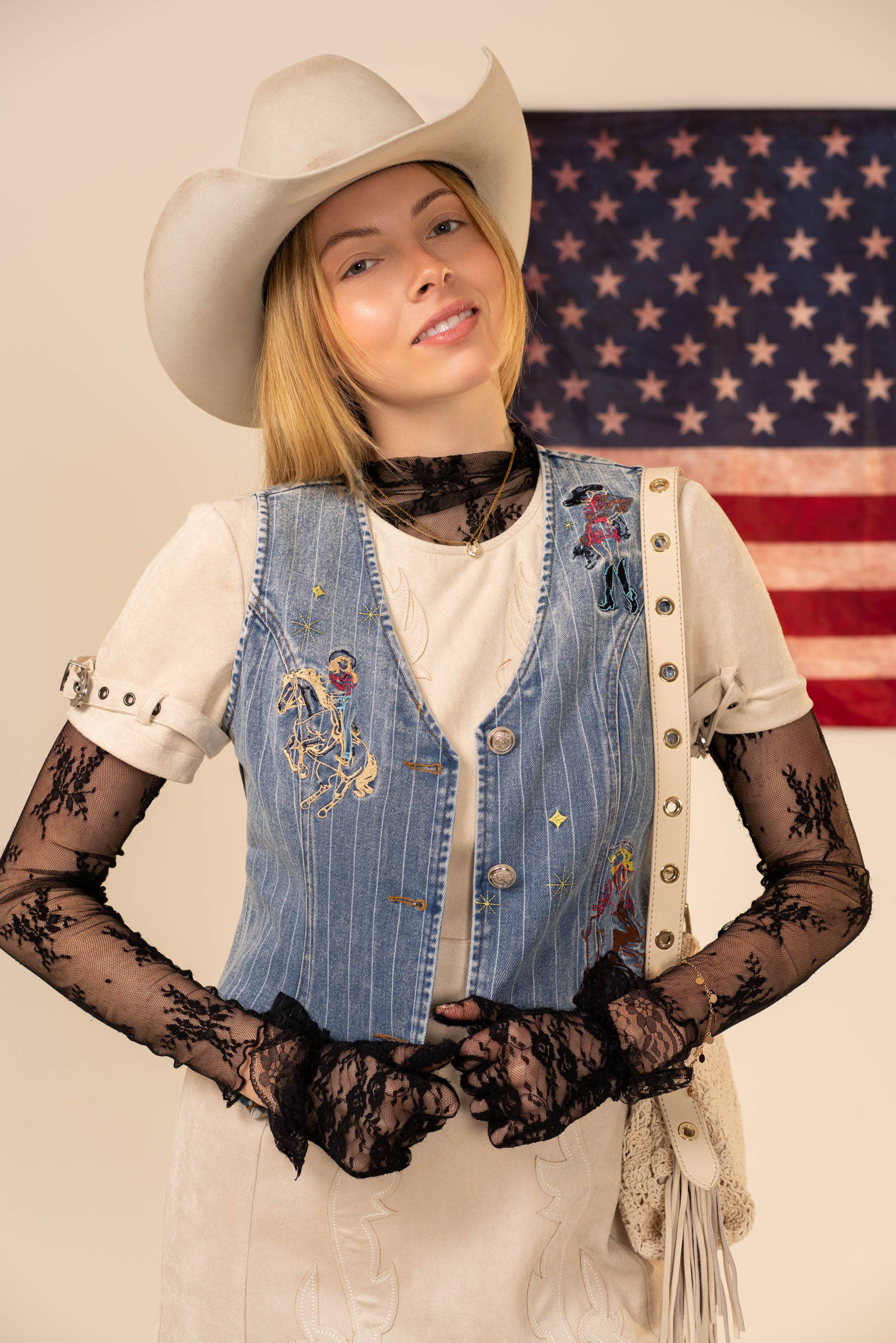 Pinstripe Embroidered Denim Crop Vest