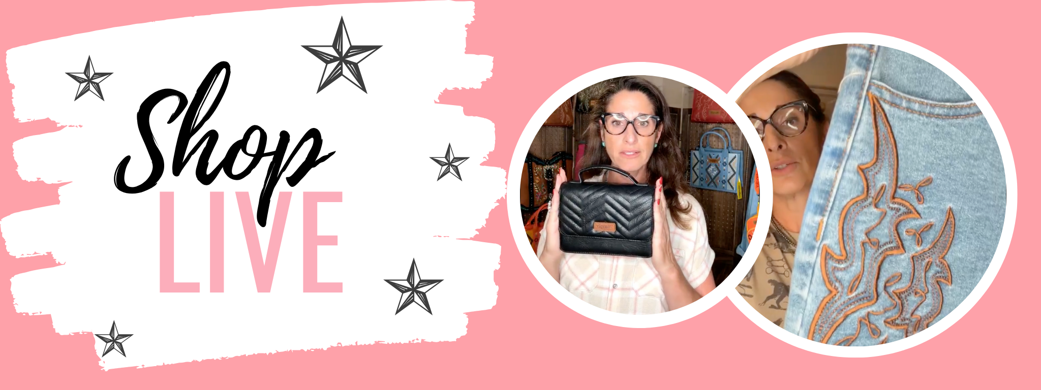 Promotional banner with 'Shop Live' text, images of a person holding a black clutch and denim jacket, and pink background.