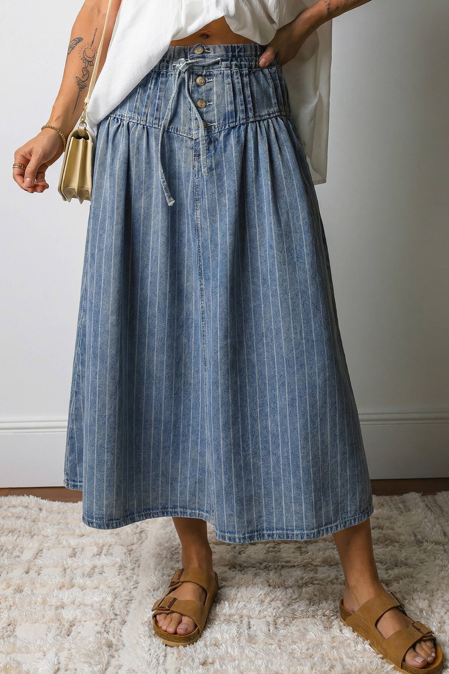 Stripe Denim Paperbag Waist Maxi Skirt