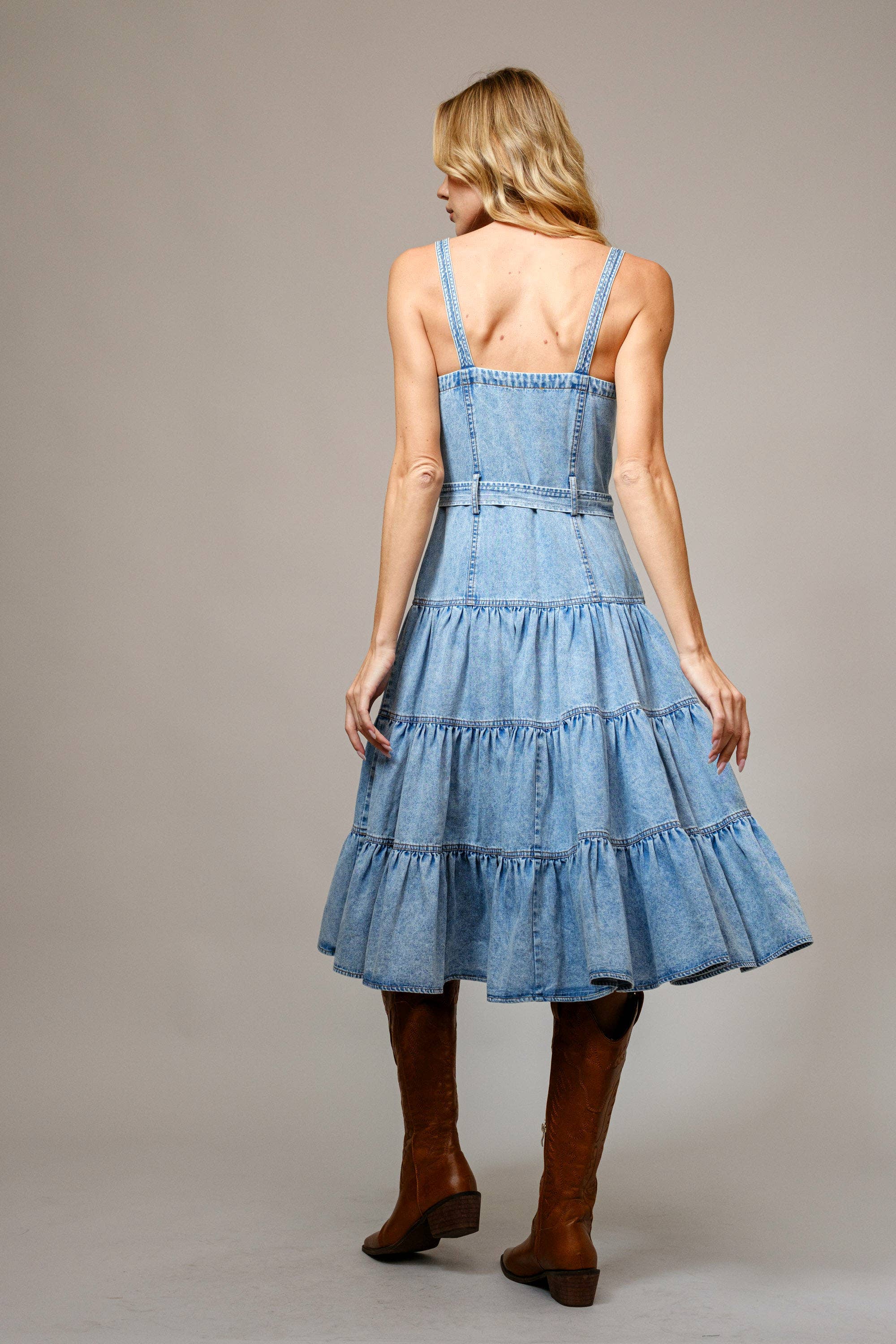 Washed Denim Tiered Zip Midi Dress