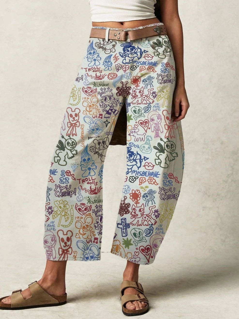 Love Heart Print Loose Midi Waist Jeans
