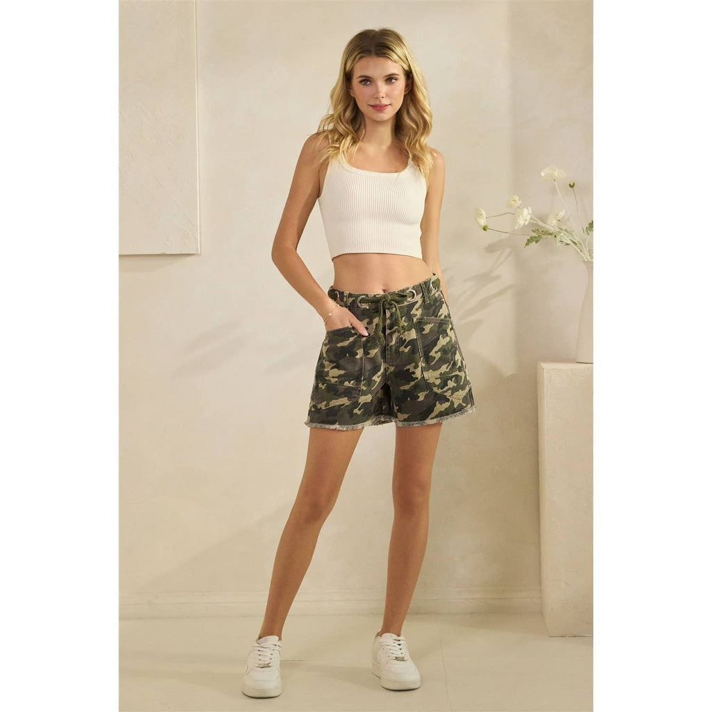 Printed Denim Shorts with Drawcord Waist Detail