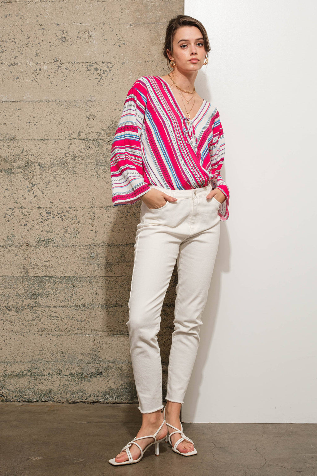 Stripe Wrap Tie Lace Bodysuit