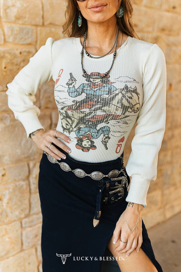 Cream Puff Long Sleeve Poker Cowgirl Ribbed Bodysuit
