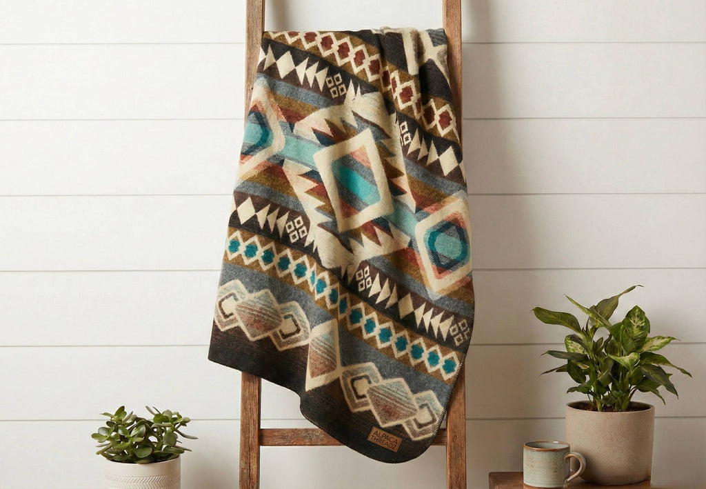 Decorative blanket with geometric pattern draped over a wooden ladder against a white wall.